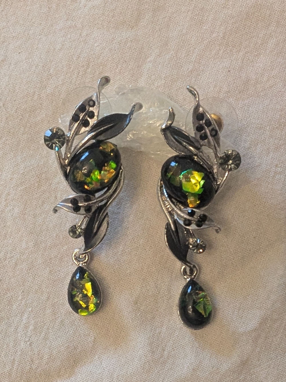 Silver Leaf Drop Earrings with Green Iridescent Accents